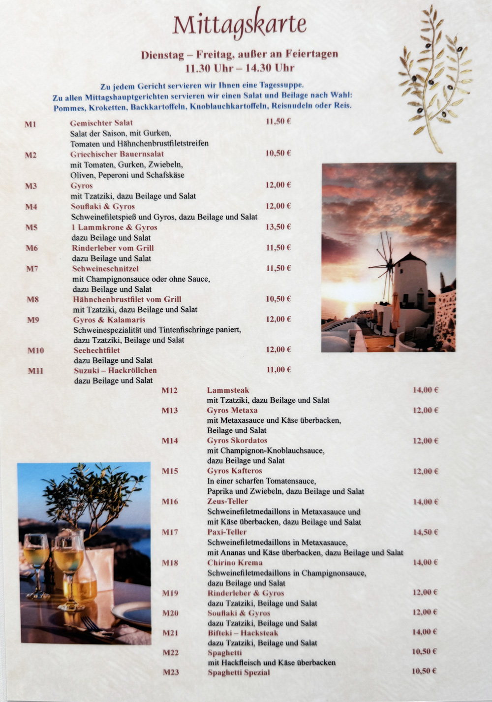 Restaurant Santorini Bergen auf Rügen Mittagskarte